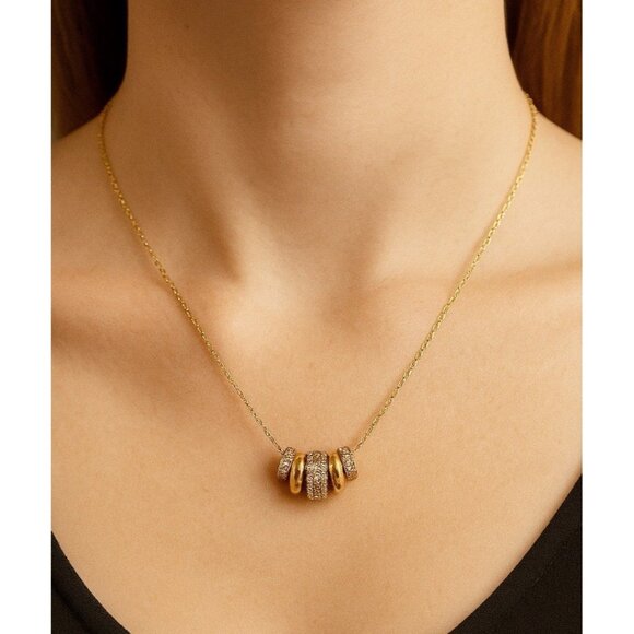 Gold Tone Multi Ring Necklace Crystal Pavé Circle Pendant Adjustable Chain - Picture 1 of 5